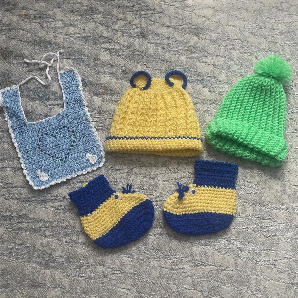 Handmade Kids Knit Hat, Booties & Bib Set - Yellow, Blue, Green